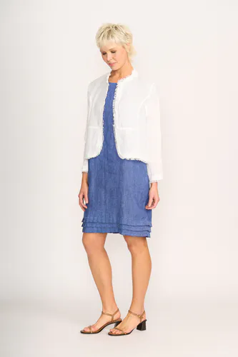 Model wearing White Fringe Festival Jacket By Foil Available at Beetees Nelson